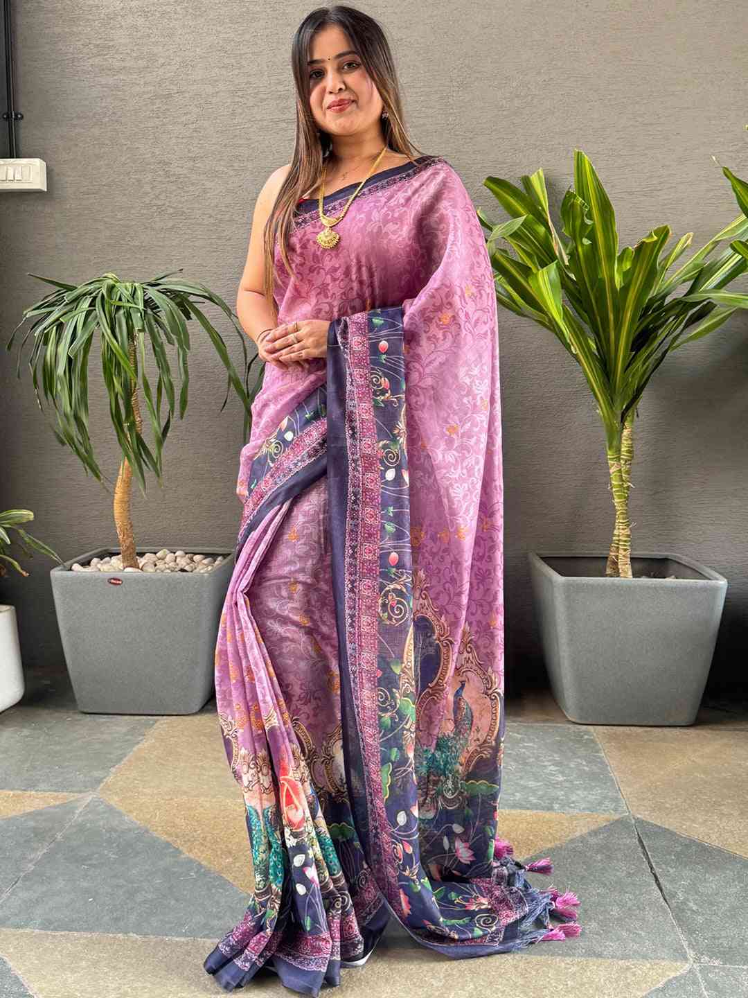 Purple saree with digital print and traditional design