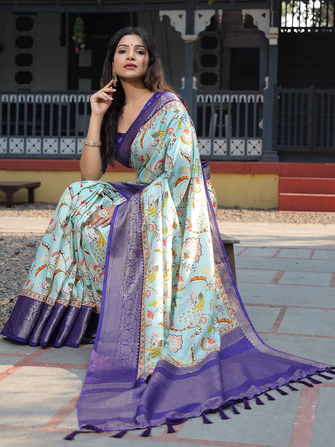 Sky Blue Colour Phulkari Design Zari Weaving Pallu Saree