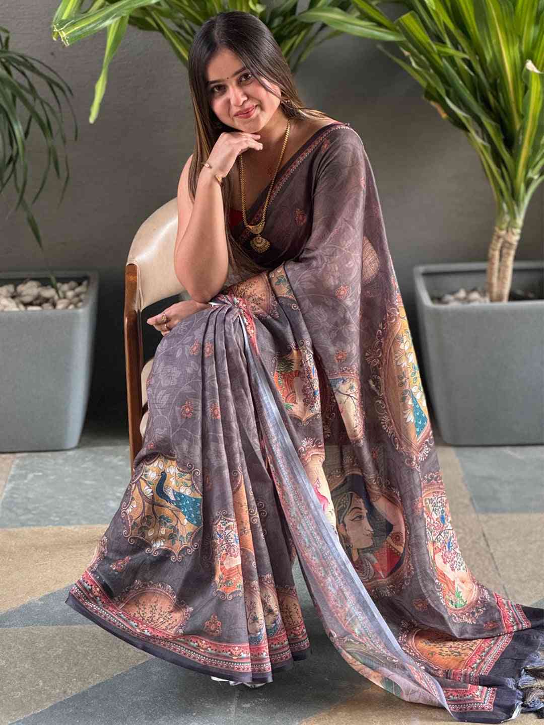 Stylish grey saree with colorful digital print and border