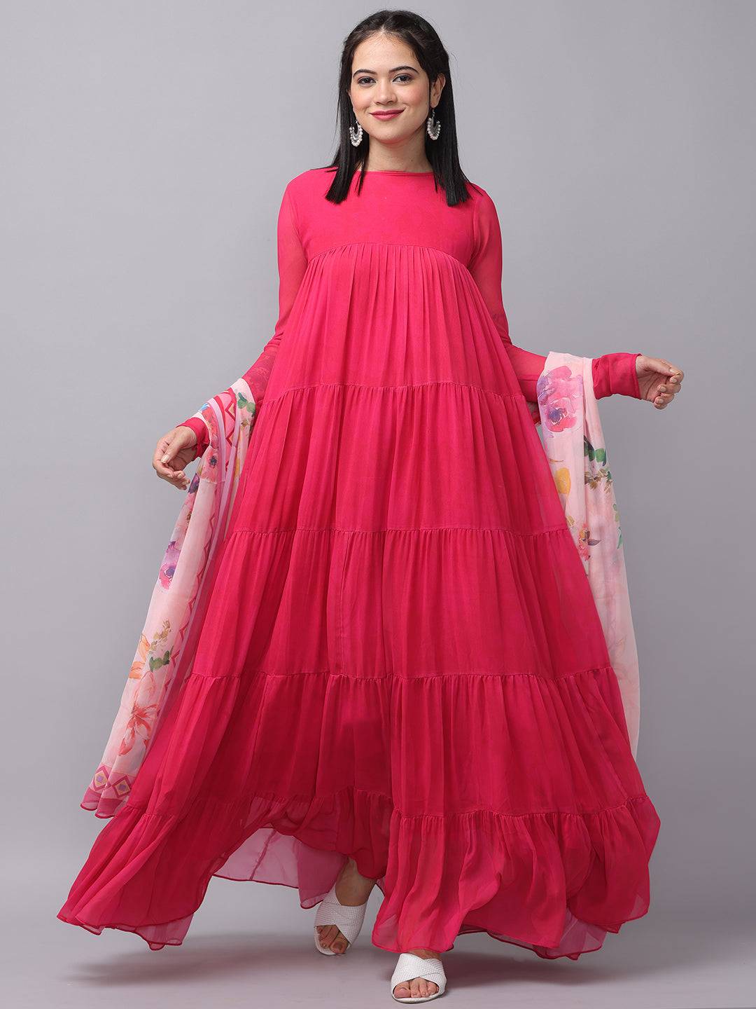 Flowing Majestic Rani Colored Long Dress with dupatta