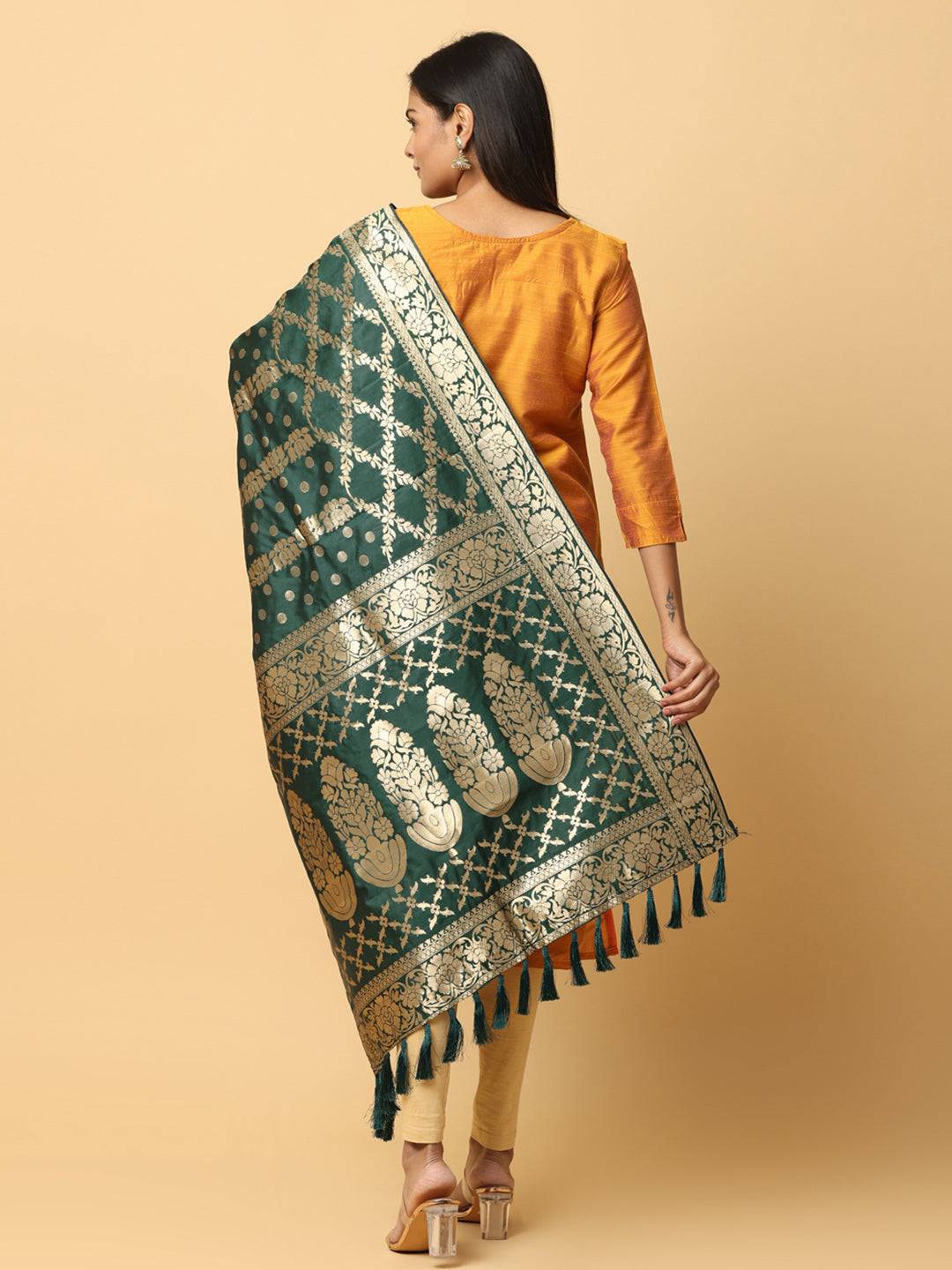 Back view of Bollywood silk blend woven design dupatta.