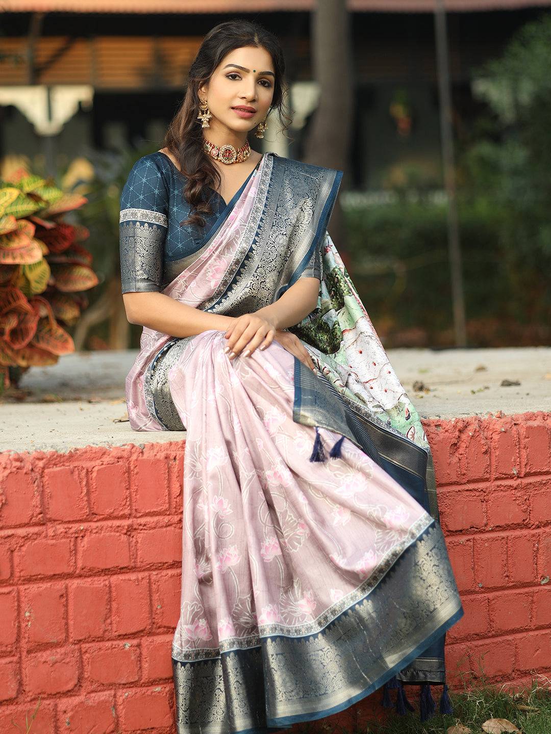 Light Purple Batik Pen kalamkari Saree With Zari Weaving