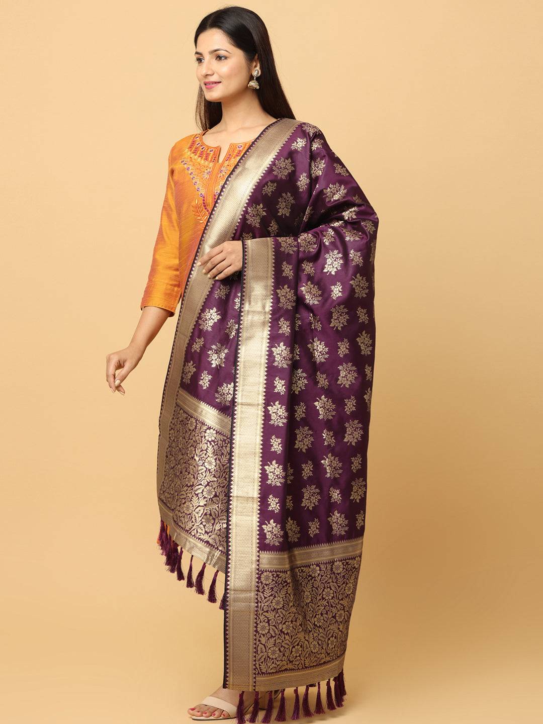 Side view of woven design wine silk blend dupatta