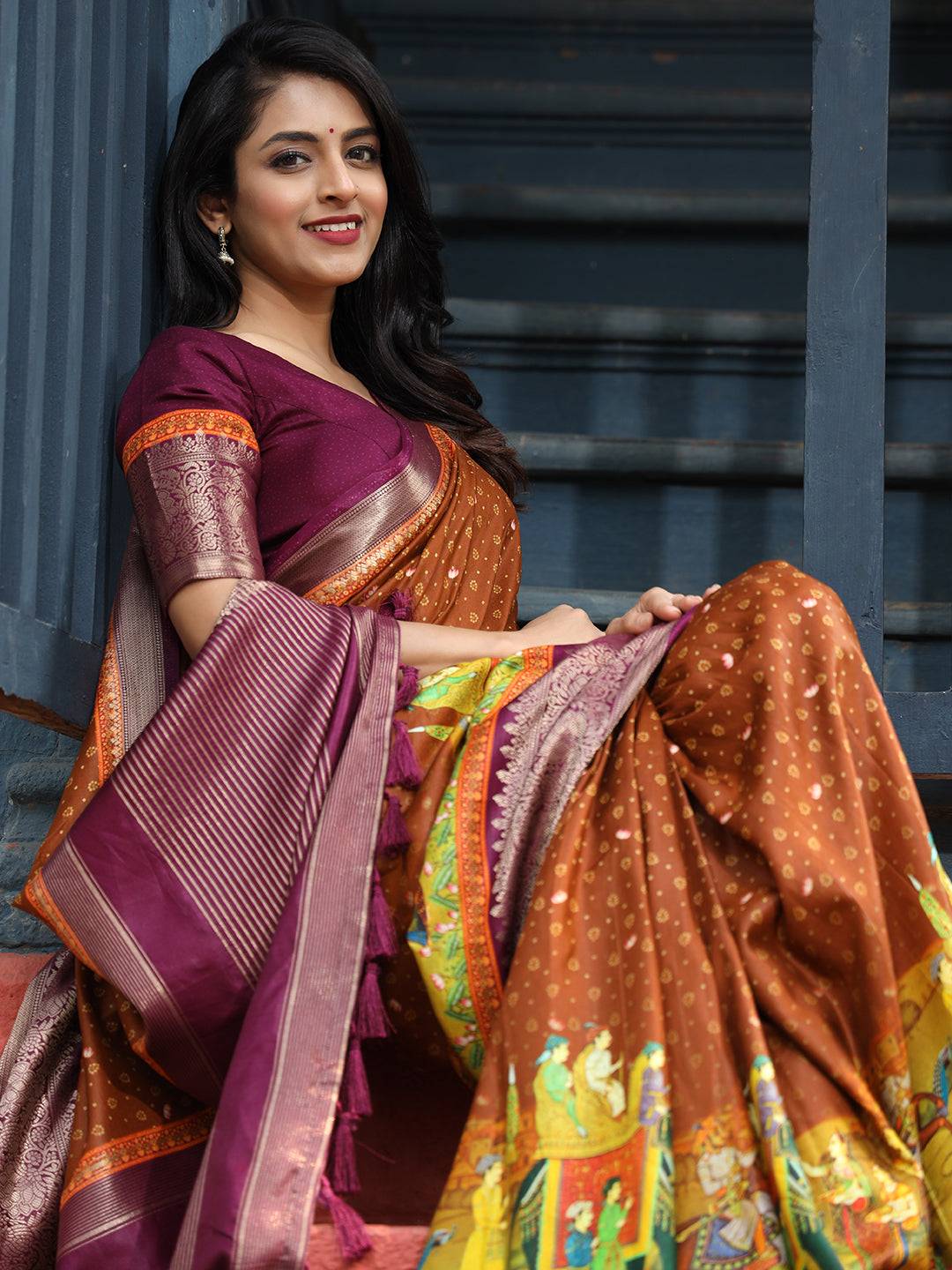 Brown Pure Viscose Dola Silk Saree with Bhandhej Print