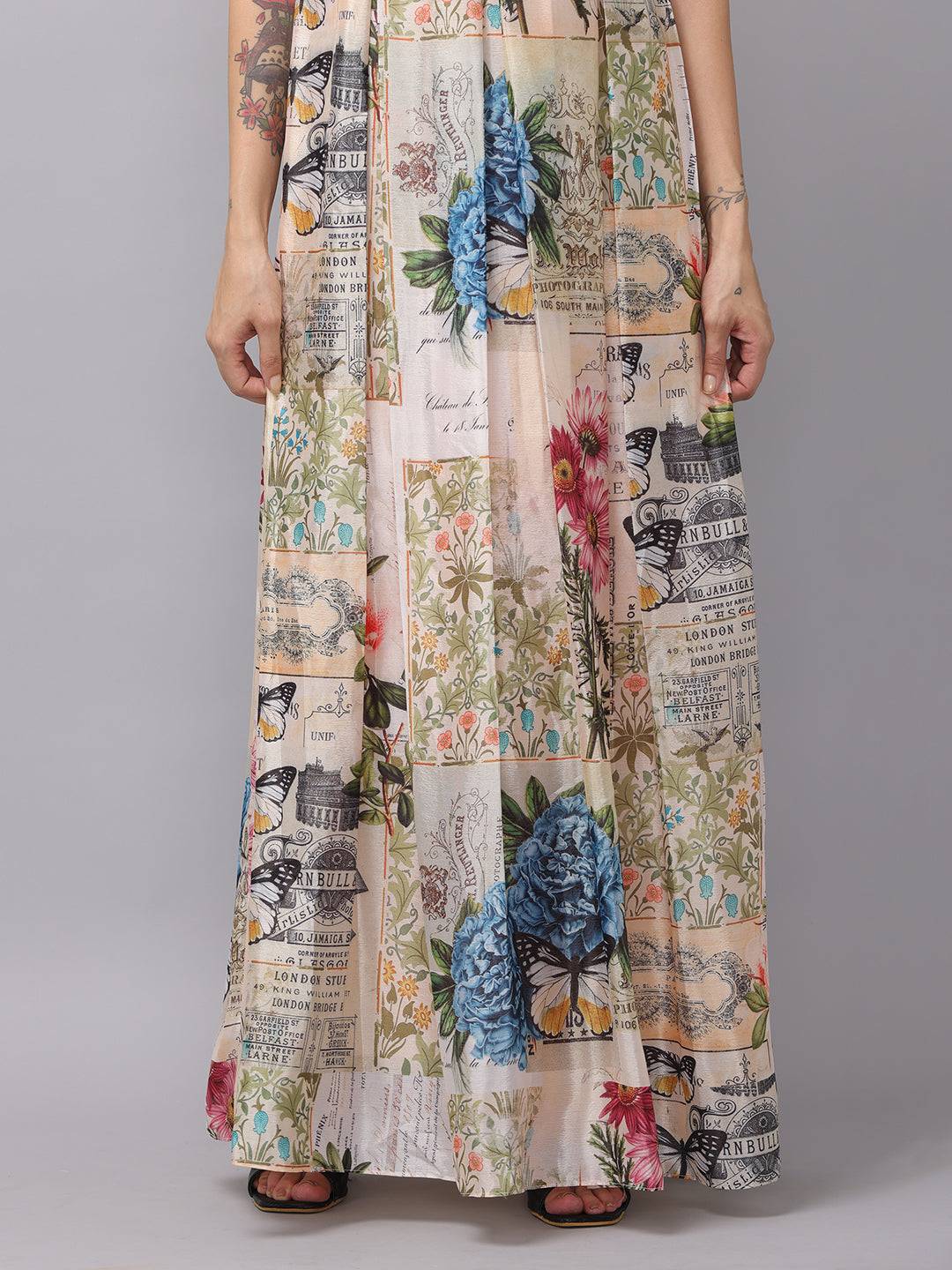 Detailed view of floral print on multi color dress