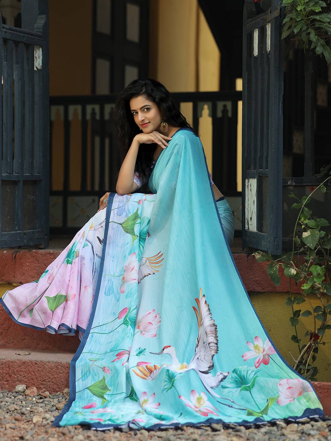 Beautiful Satin Georgette Aqua Colour Hand Print Saree