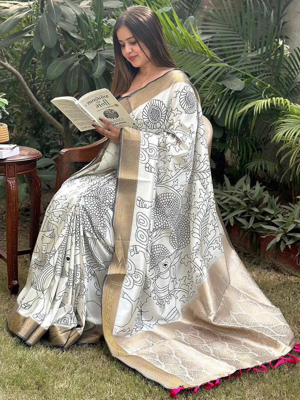 Elegant Kalamkari saree with intricate block print design