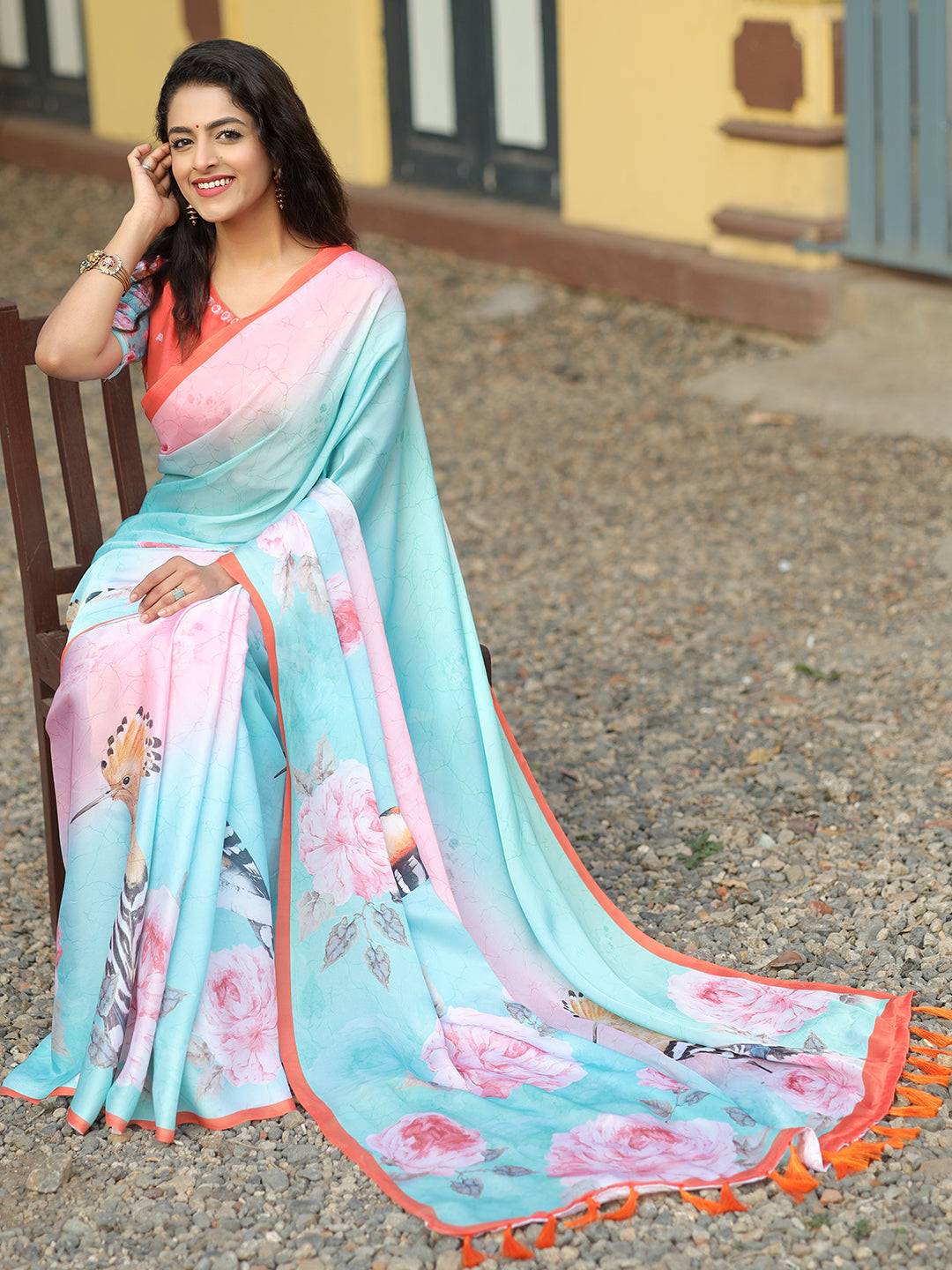 Stylish Satin Georgette Light Green Colour Hand Print Saree