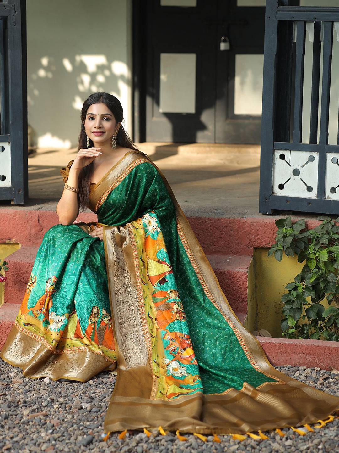 Viscose Dola Silk Turquoise Saree with Floral & Mughal Print