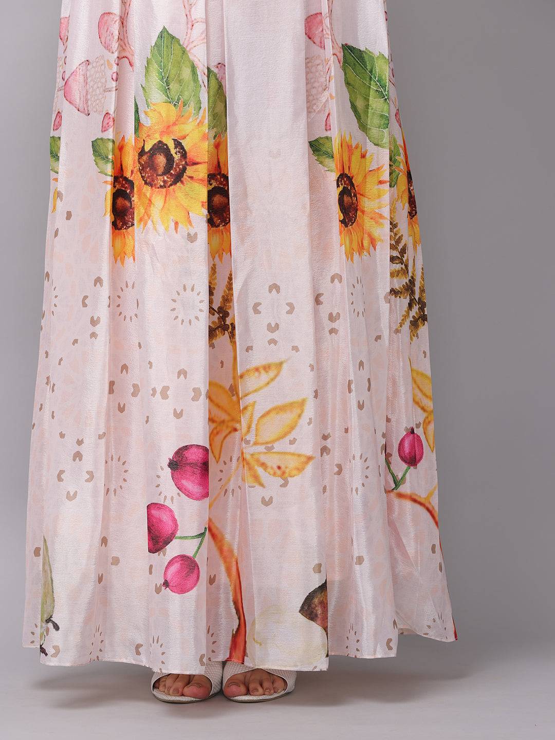 Detail of floral pattern on chiffon dress hem