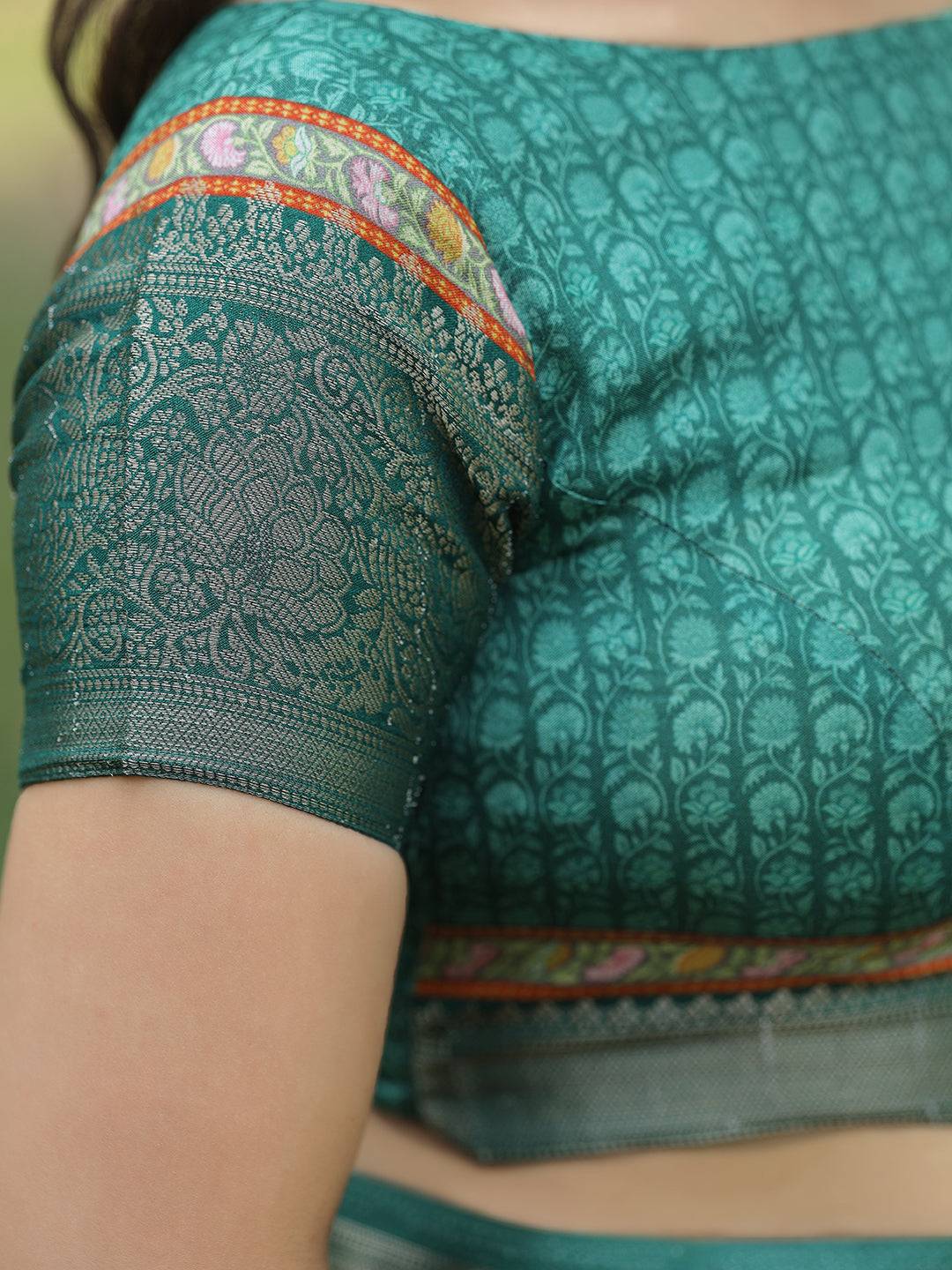 Sea Green Colour Phulkari Design Zari Weaving Pallu Saree