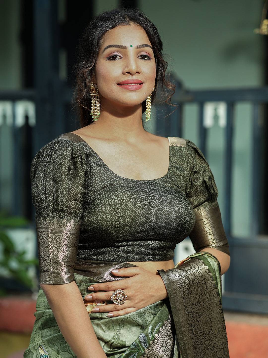 Dark Green Colour Pure Viscose Dola Silk Floral Print Saree