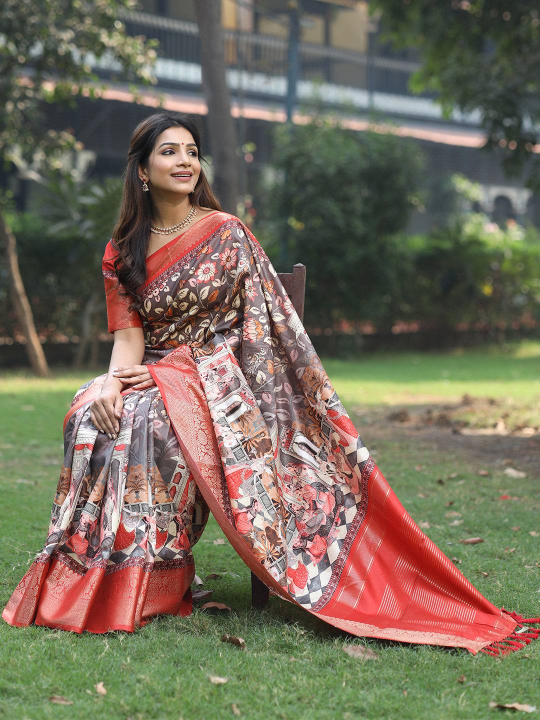 Grey Ajrak Block & Hand Kalamkari Print Pure Viscose Saree