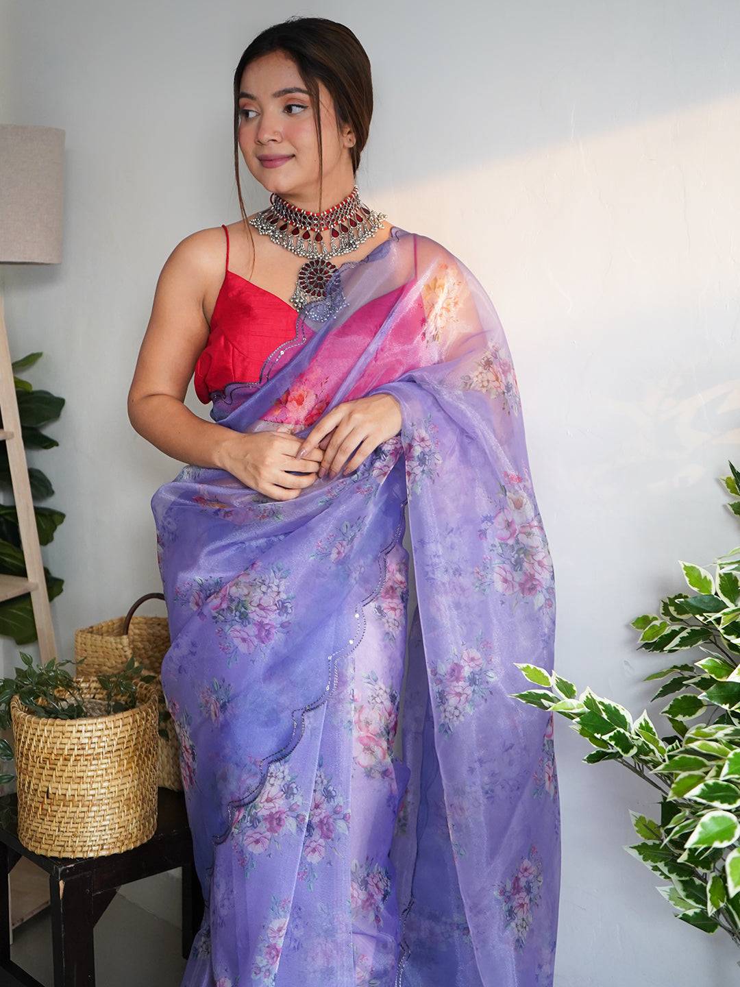 Organza Silk Saree with Floral Print,Viscose Sequins Border