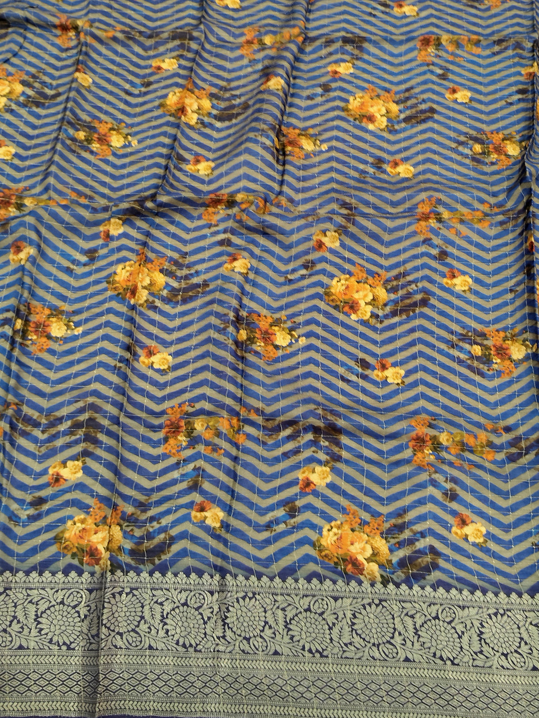 Royal Blue Floral Printed Viscose Saree