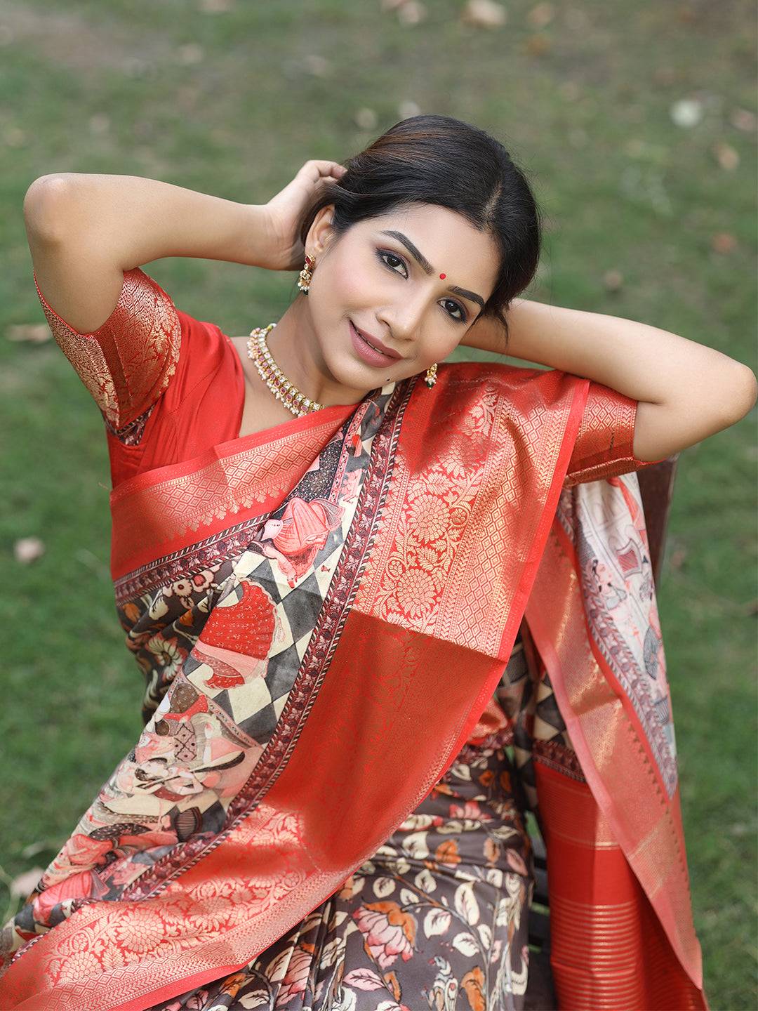 Grey Ajrak Block & Hand Kalamkari Print Pure Viscose Saree