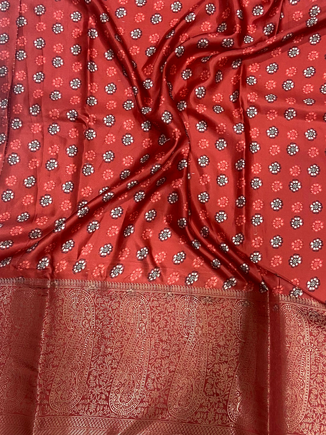 Mustard Yellow Cherry Satin Kalamkari Saree