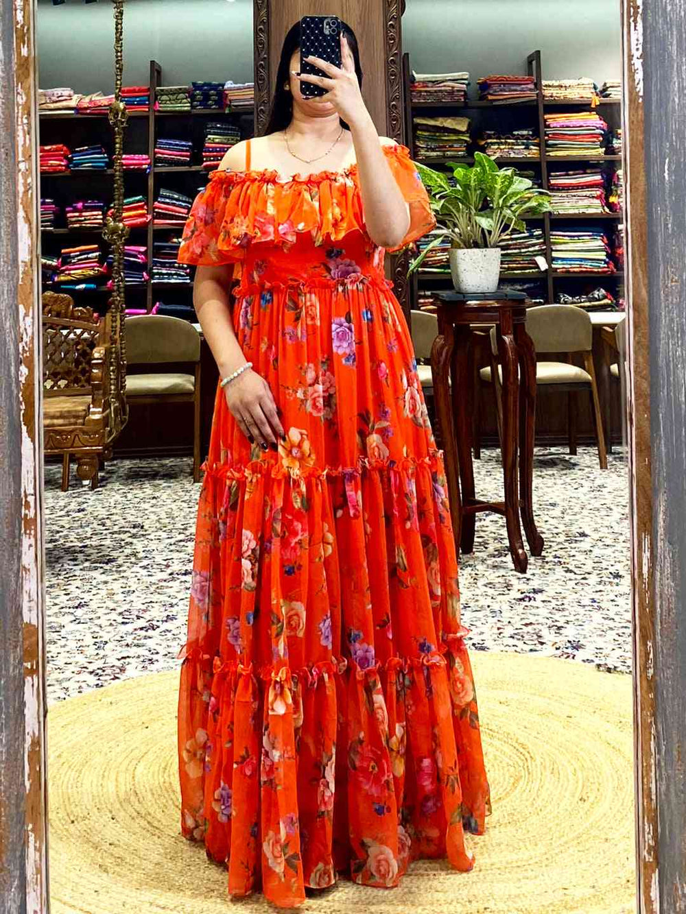 Sunny Orange Georgette Floral Dress