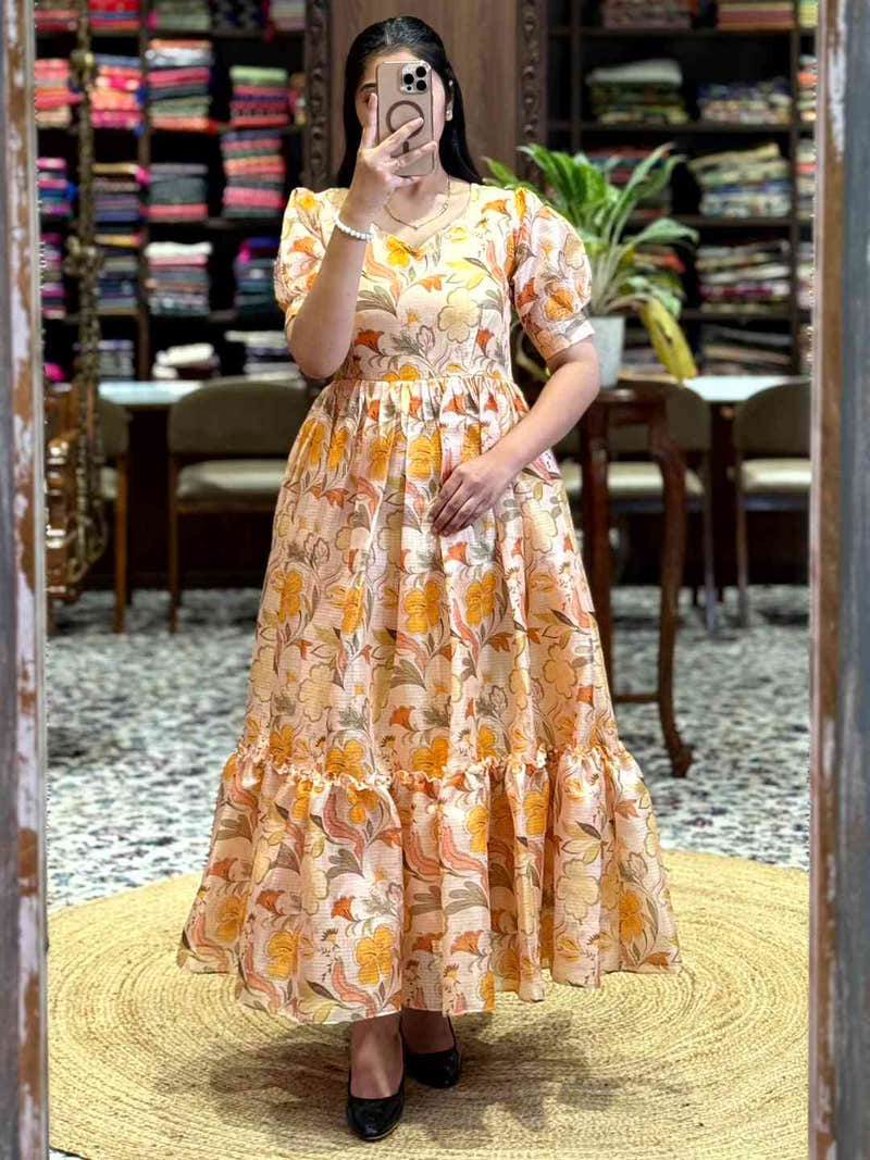 Light Yellow Floral Print Midi Dress