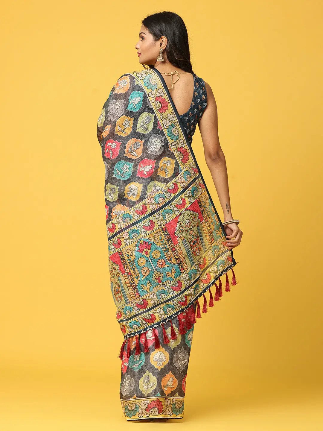 Soft Linen Kalamkari Block Print With Sequin Border