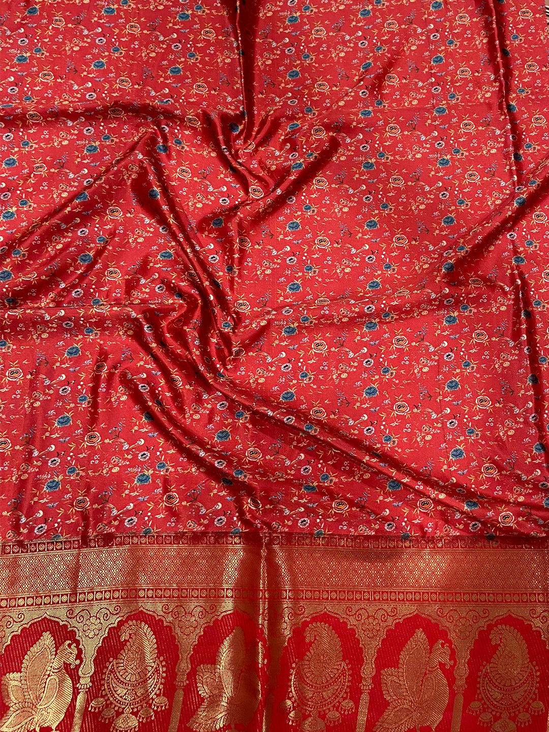 Ethereal Soft Cherry Satin Kalamkari Print Saree