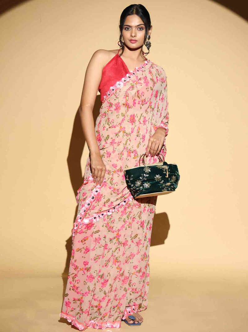 Soft Georgette Pink Colored Party Wear Designer Saree