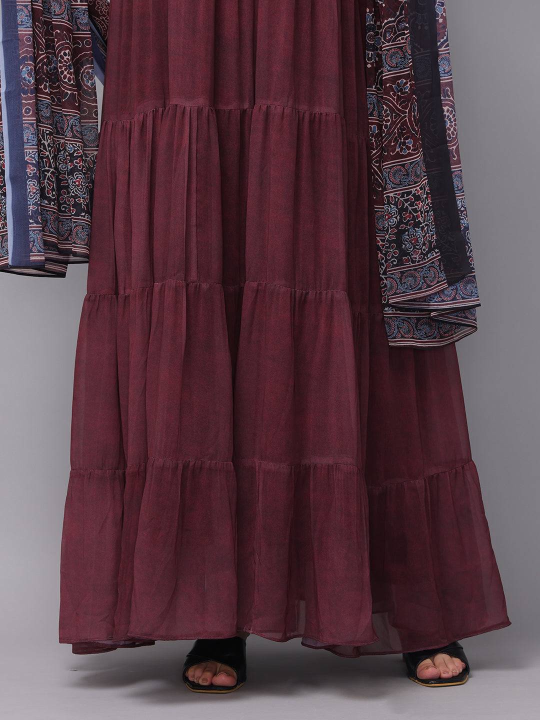 Detail of mulberry dress fabric and floral dupatta