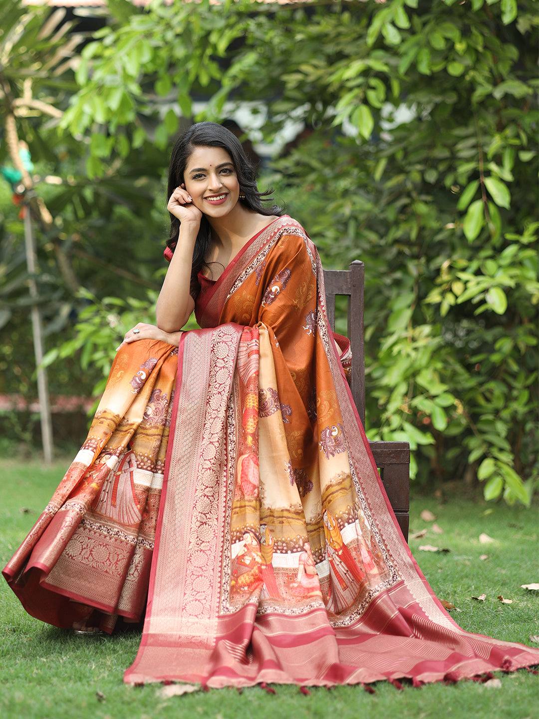 Orange Ajrak Block & Hand Kalamkari Print Pure Viscose Saree