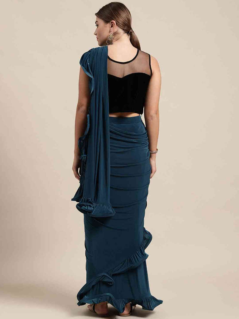 Stylish Viscose Rayon Teal Colour Solid Saree With Ruffle Border