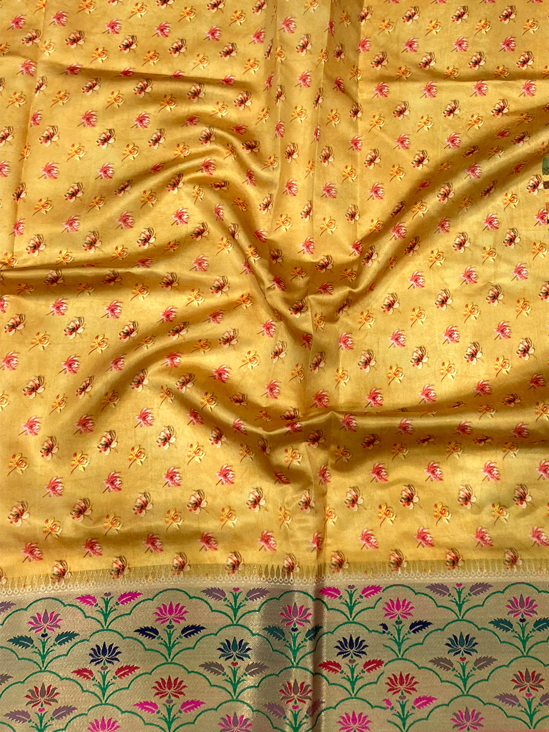 Yellow Freehand Digital Print Soft Silk Saree