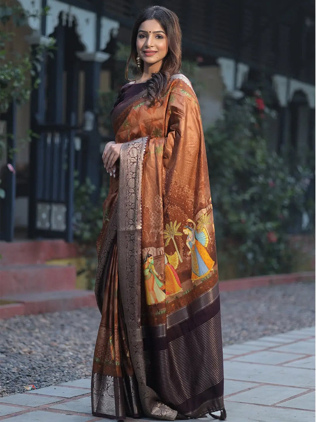 Coffee Brown Viscose Dola Silk Saree With Pichwai Print