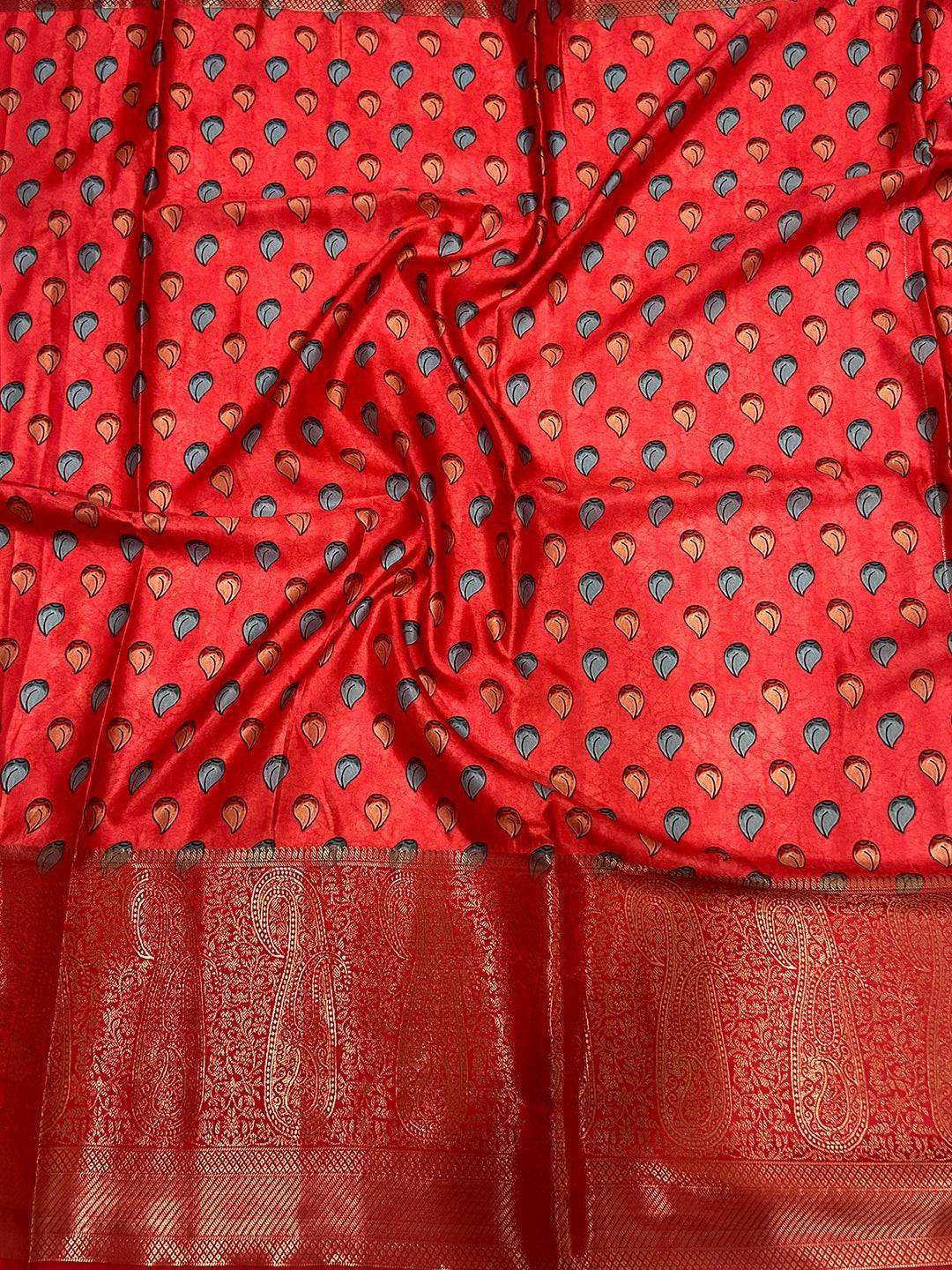 Beige Cherry Satin Kalamkari Saree