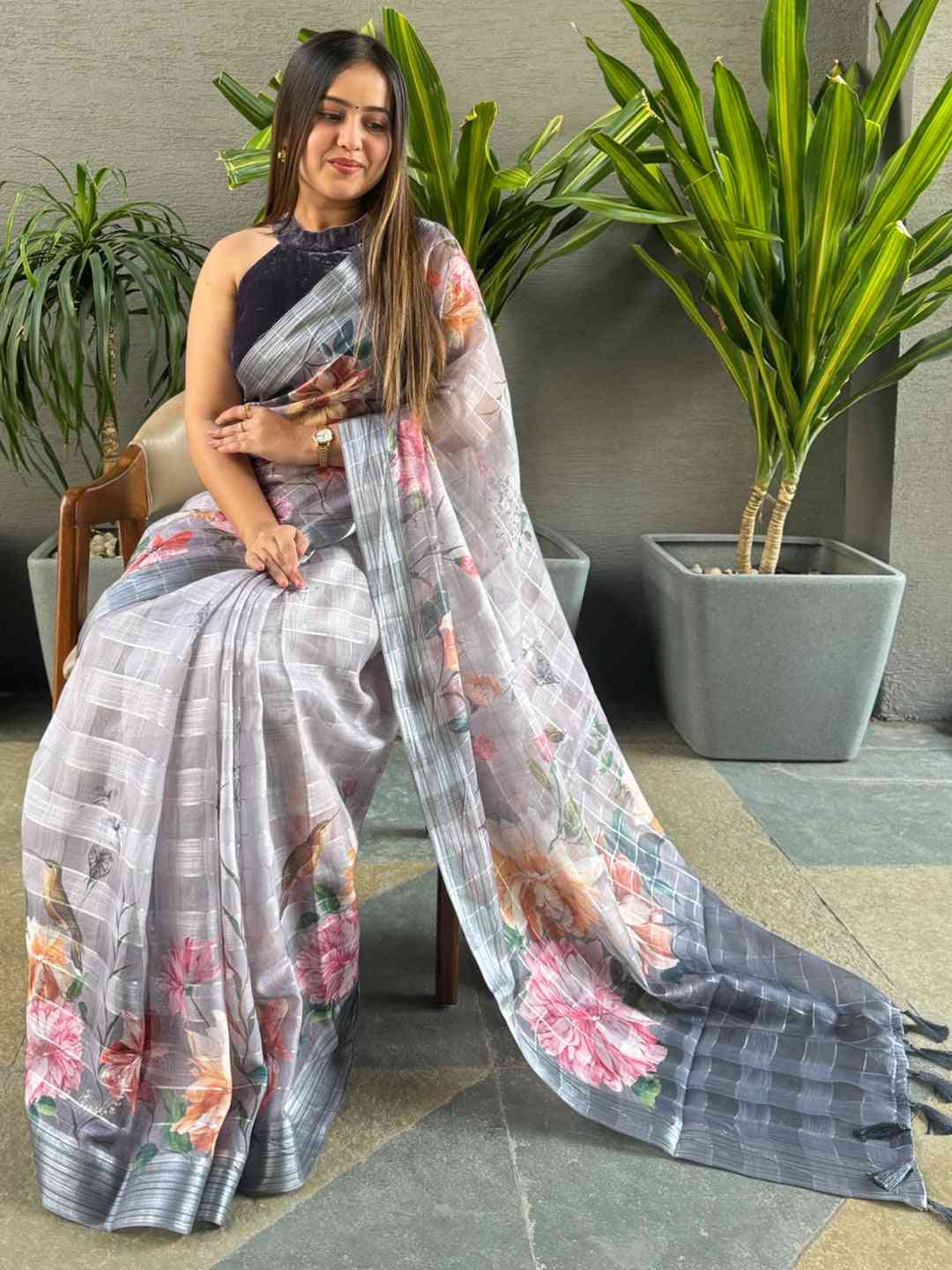 Grey floral print saree with traditional zari chex design
