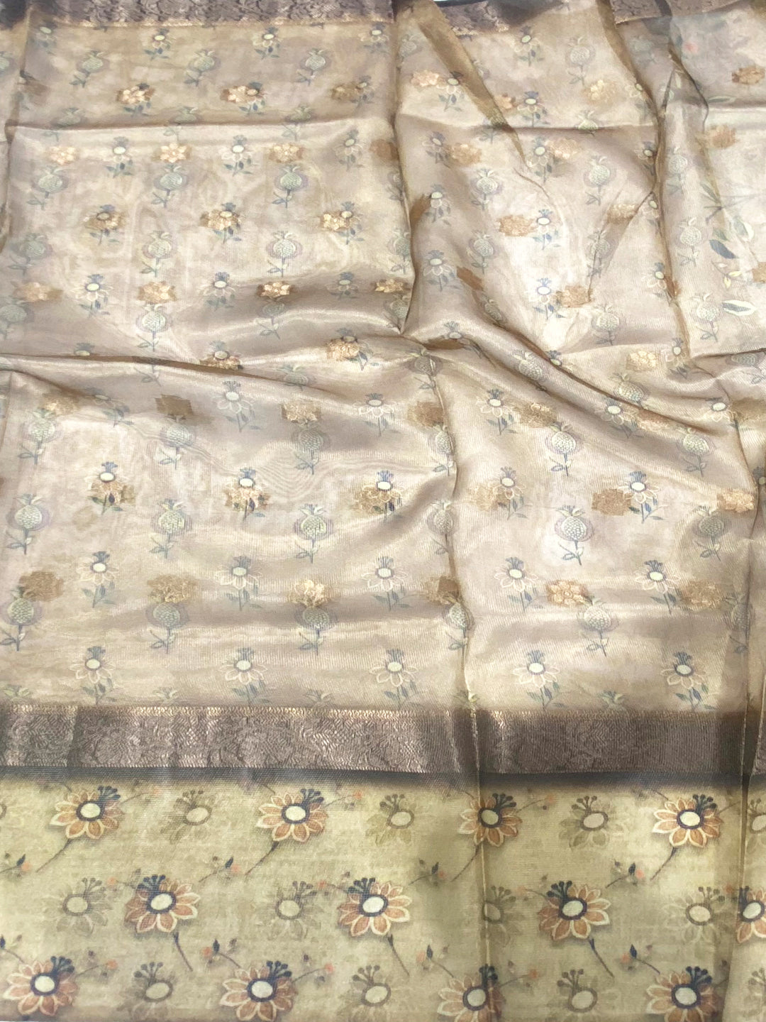 Light Pista Floral Satin Bentex Border Saree