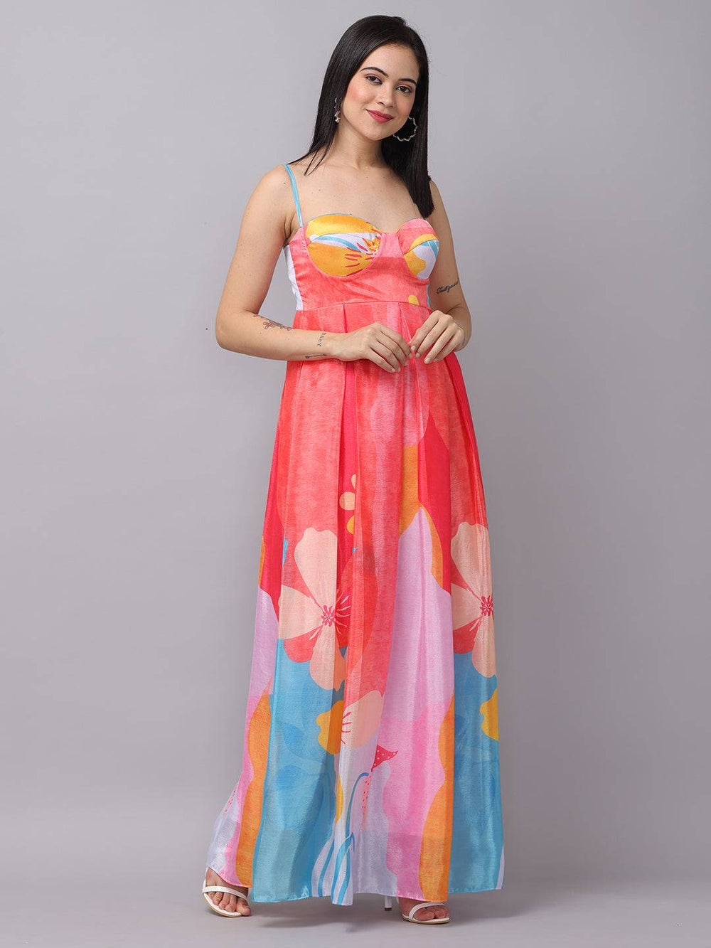 Rose pink sweetheart neck dress with floral print, front view