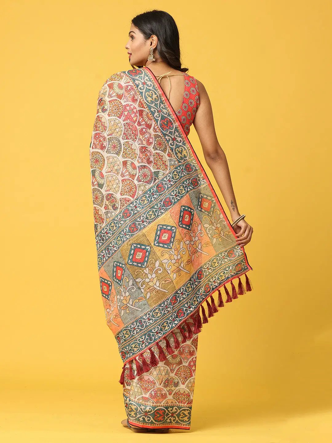 Soft Linen Kalamkari Block Print With Sequin Border