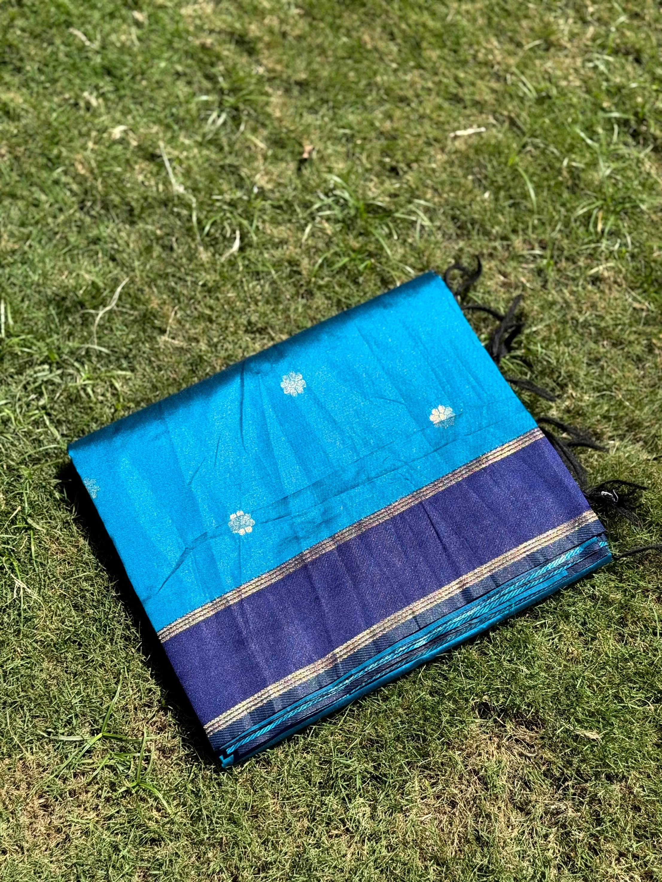 Teal Blue Silk Blend Floral Saree