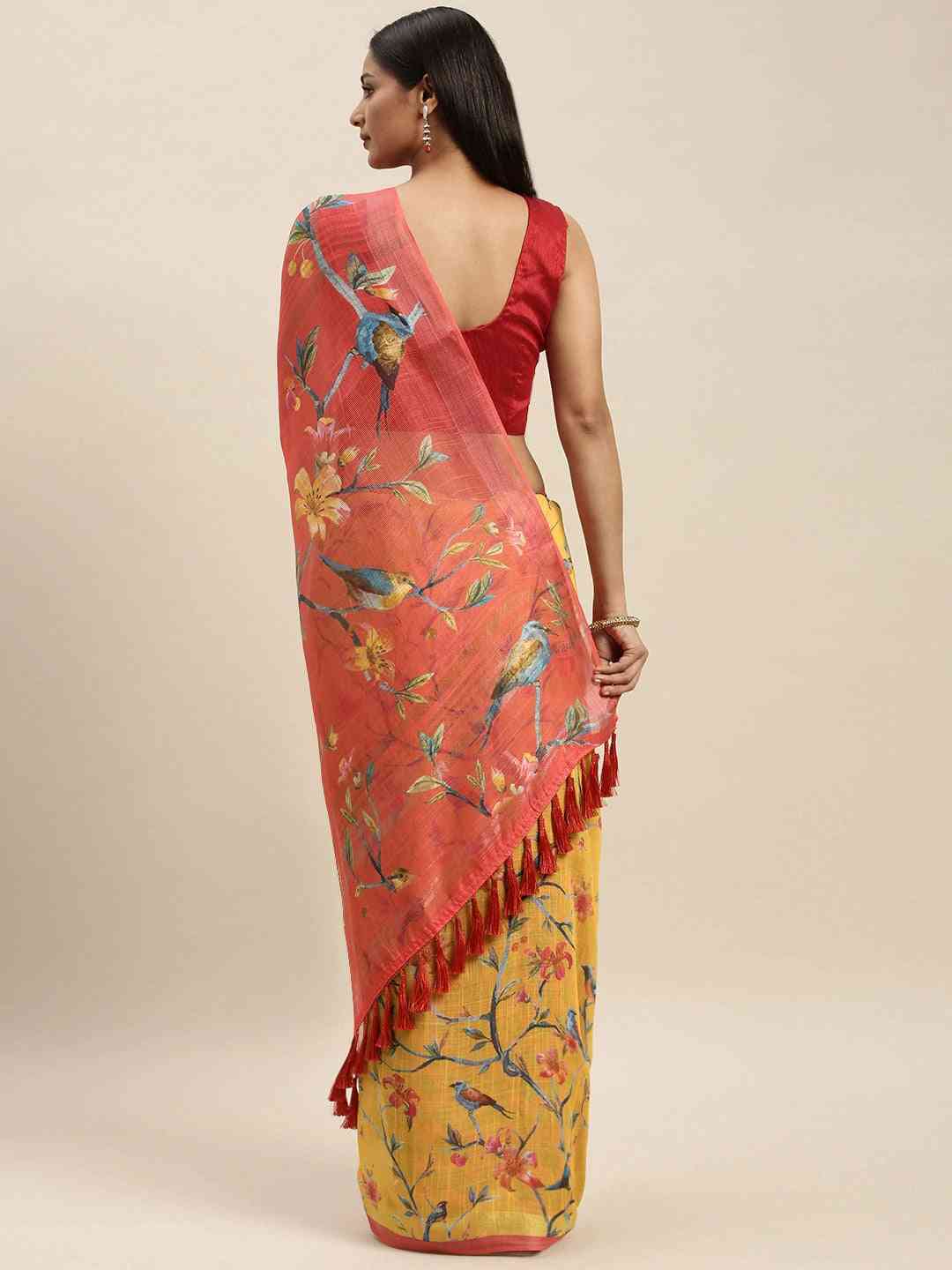 Mustard Colour Soft Linen Saree With Exquisite Digital Print
