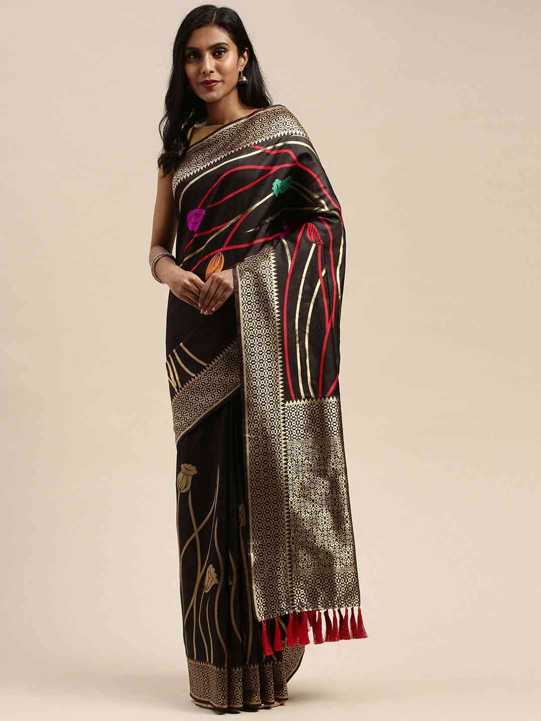 Banarasi Silk Black Colour Print Saree