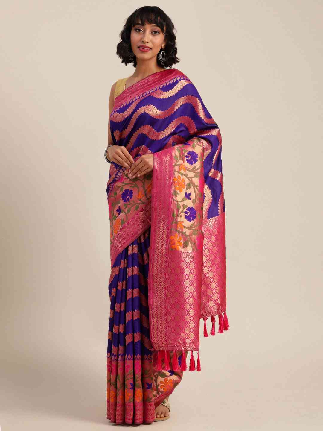 Banarasi Geometric Printed Purple Zari Silk Saree
