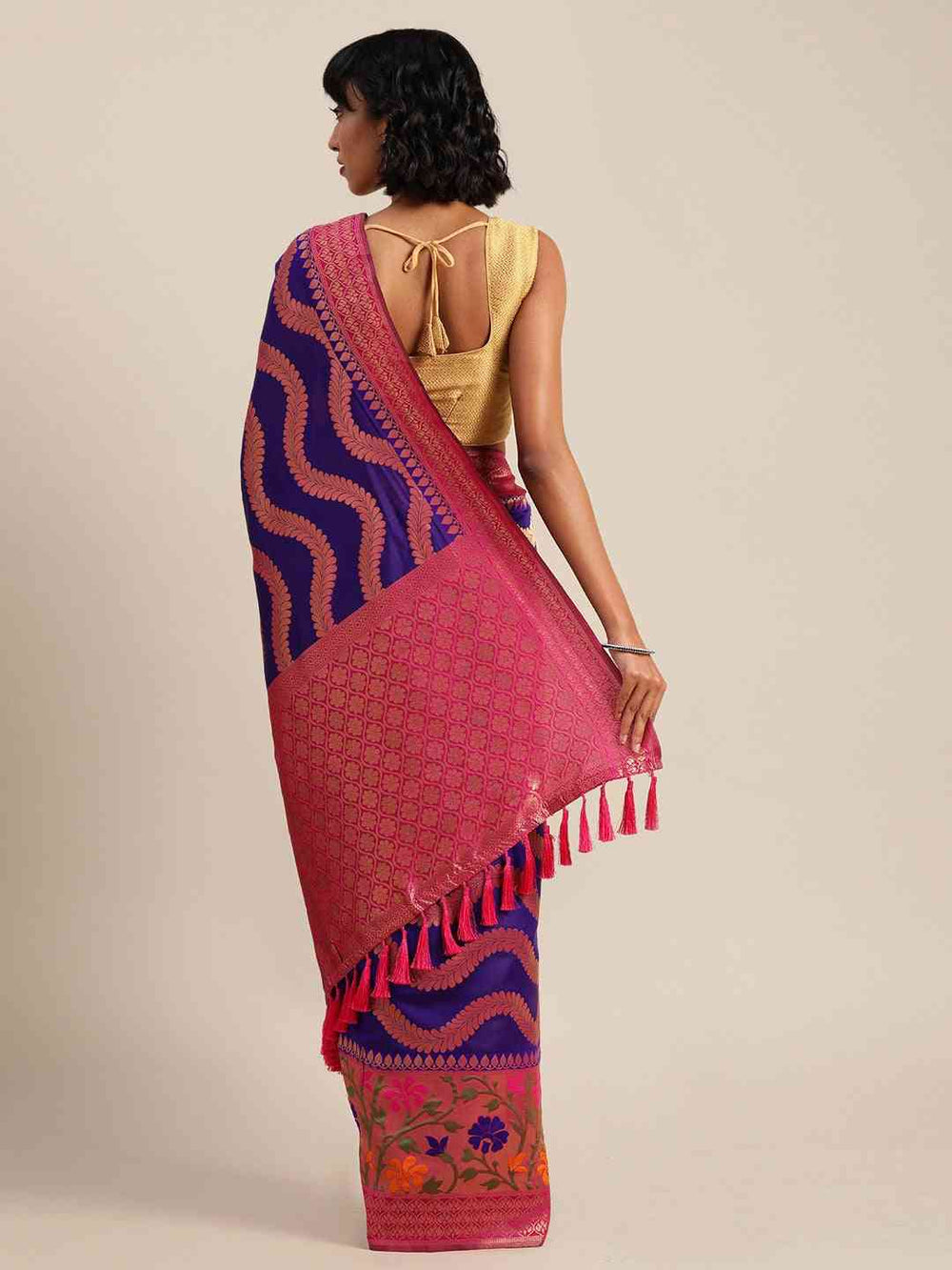 Banarasi Geometric Printed Purple Zari Silk Saree