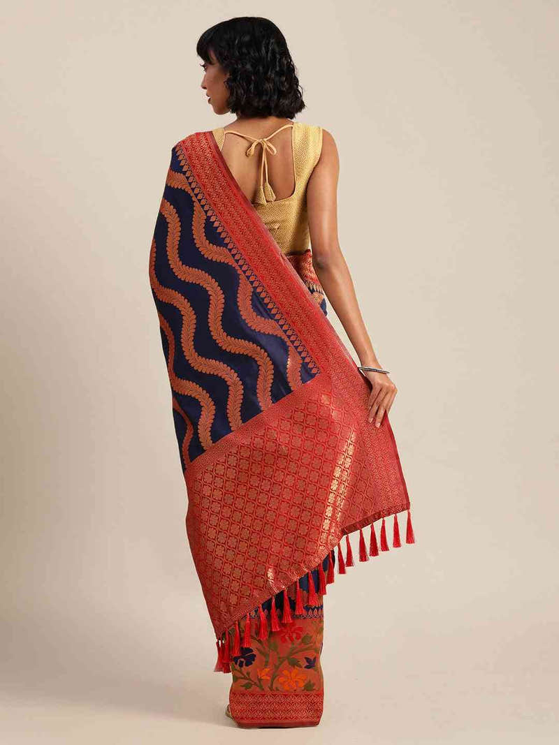 Banarasi Geometric Printed Navy Colour Zari Silk Saree