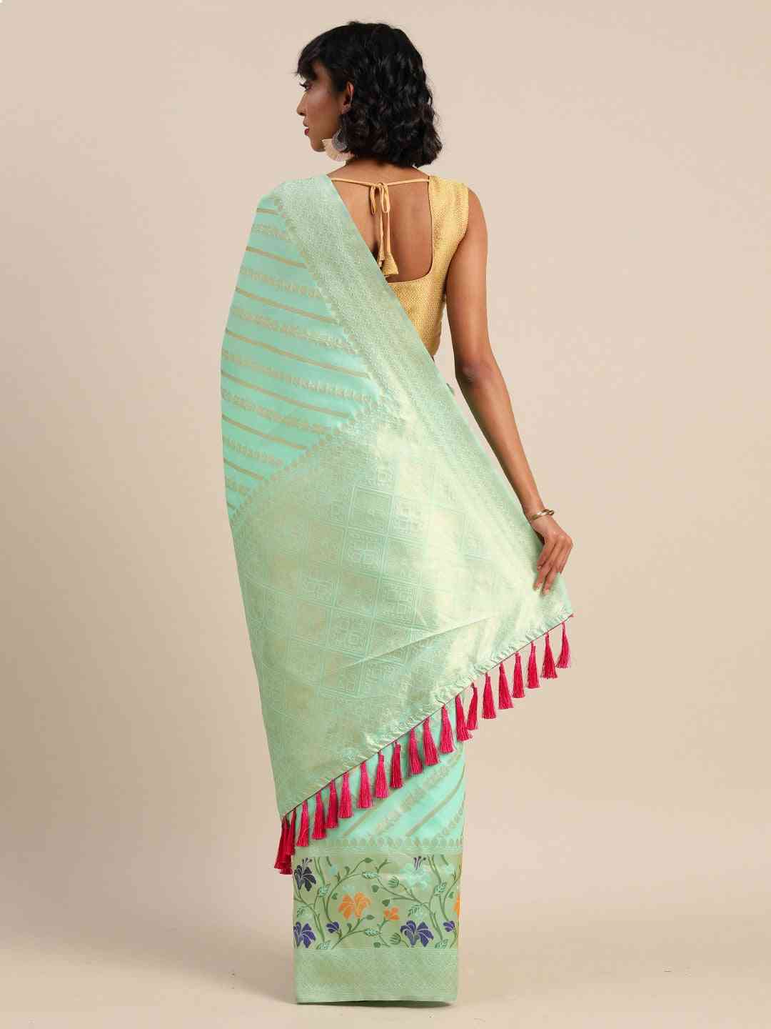 Banarasi Sea Green Ethnic Motifs Silk Cotton Saree