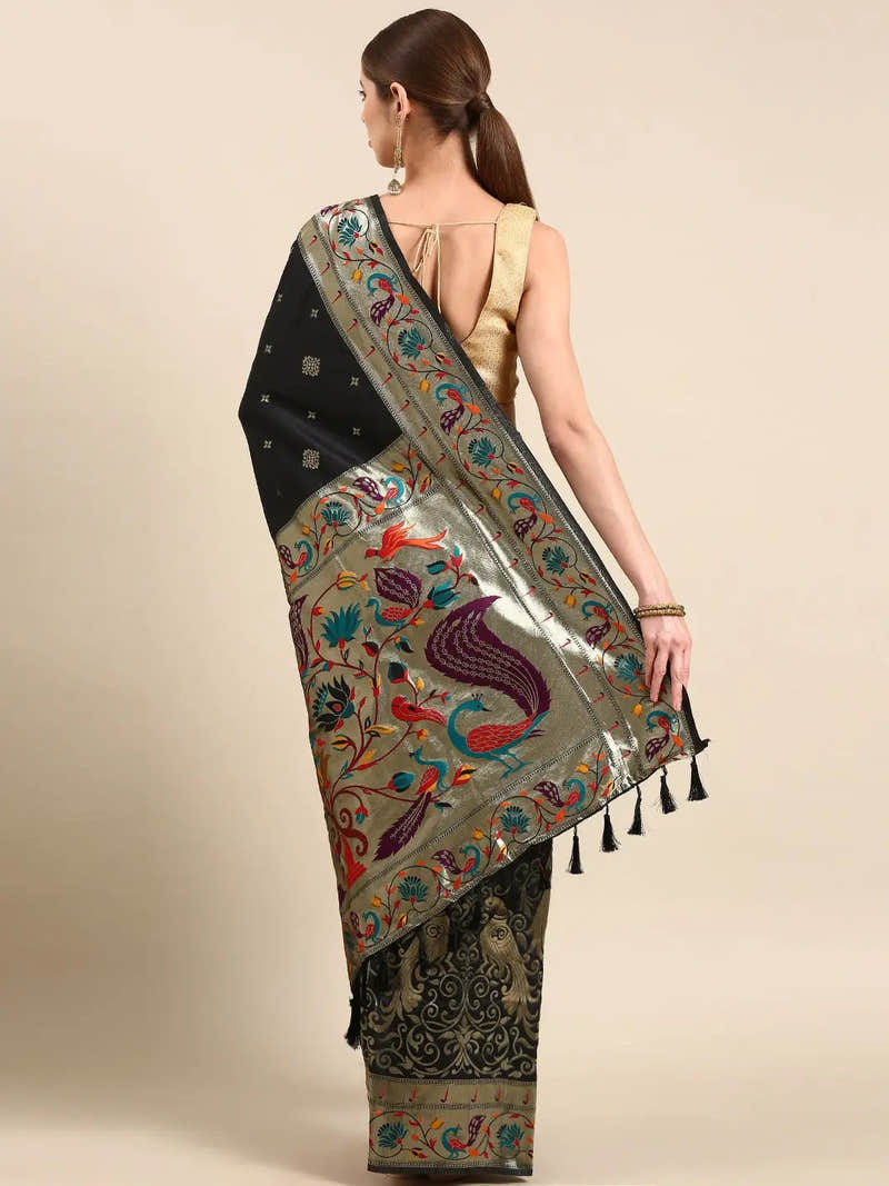 Yevla Paithani Minakari Work Silk Saree in Black Colour