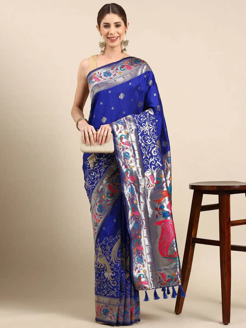 Yevla Paithani Minakari Work Silk Saree in indigo Colour