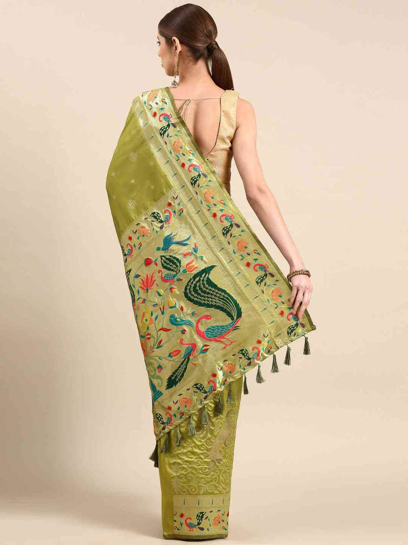 Pista Colour Yevla Paithani Minakari Work Silk Saree