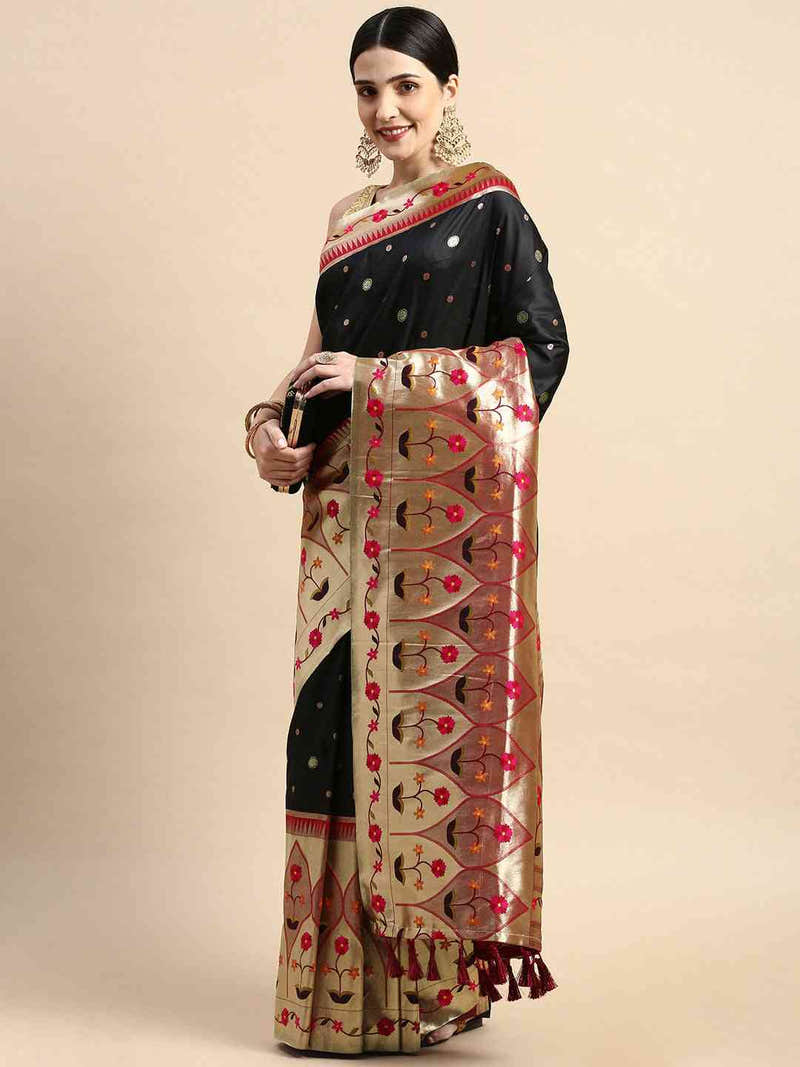 Black Colour Yevla Paithani Minakari Work Silk Saree.