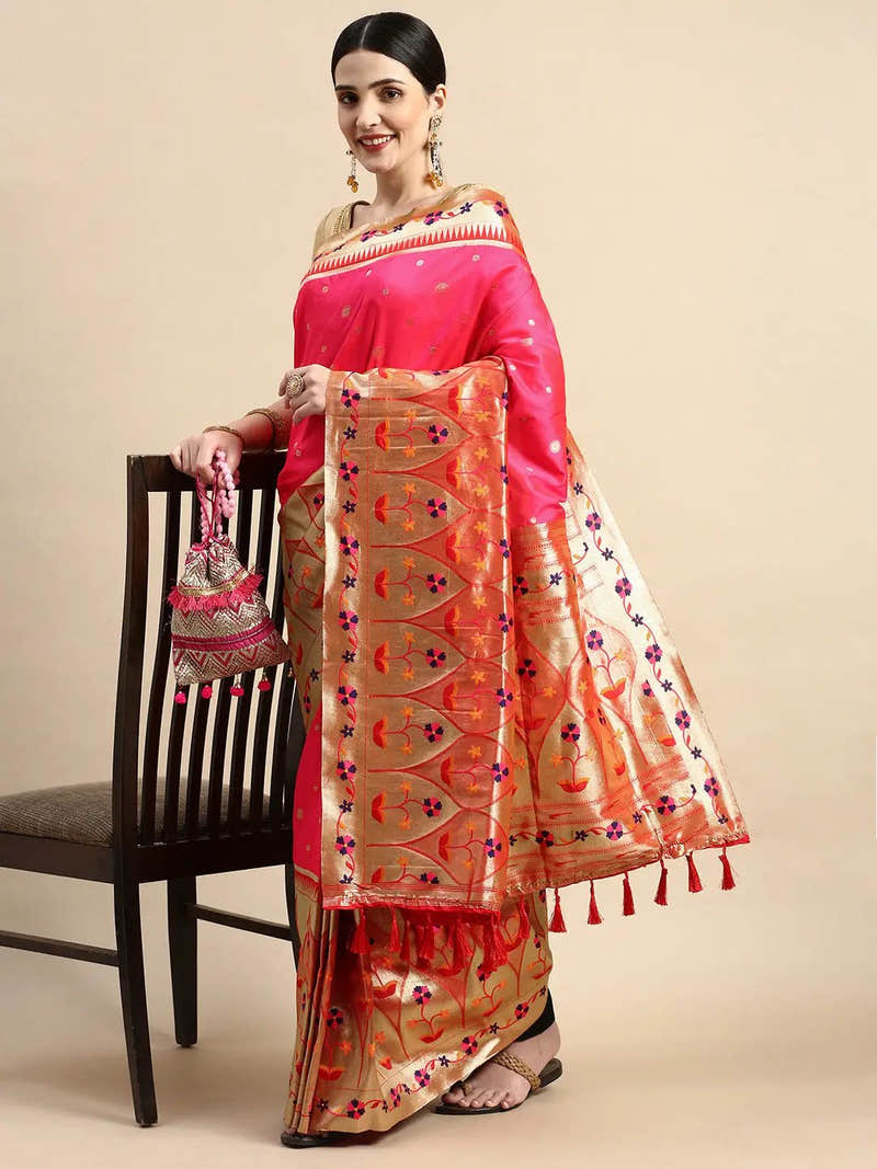 Exquisite Pink Colour Yevla Paithani Minakari Work Silk Saree