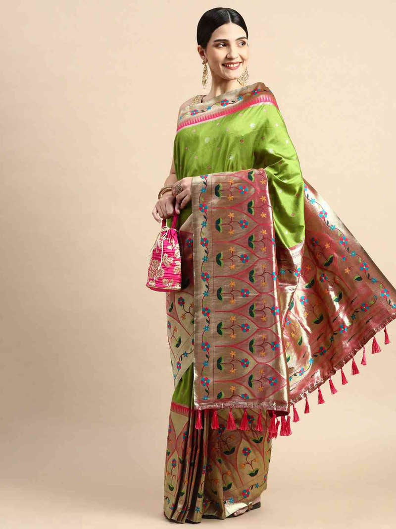 Lime Colour Yevla Paithani Minakari Work Silk Saree