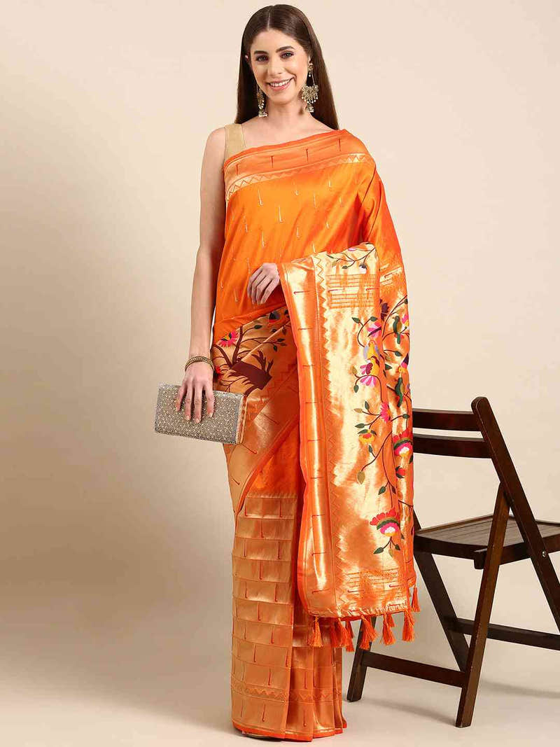 Traditional Yevla Paithani Minakari Work Silk Saree in Orange Colour